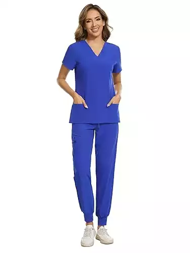 COZYFIT Scrubs for Women Set - Stretch V-Neck Scrub Top & Jogger Pant with 8 Pockets